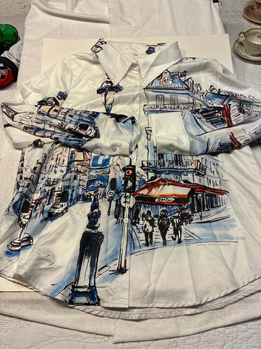 Paris Women's Button-Down Shirt with City Sketch Print